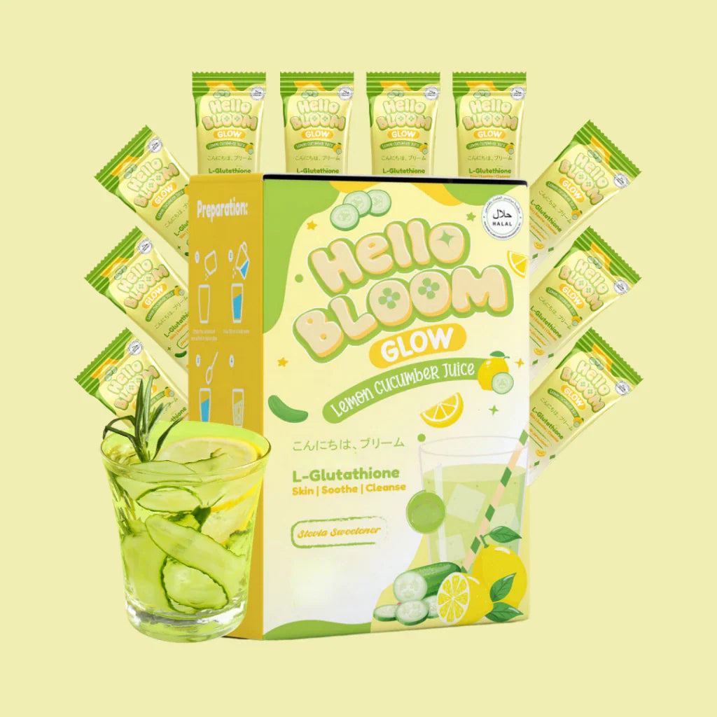 Packaging of Hello Bloom Lemon Cucumber Juice with a glass of juice on a yellow background