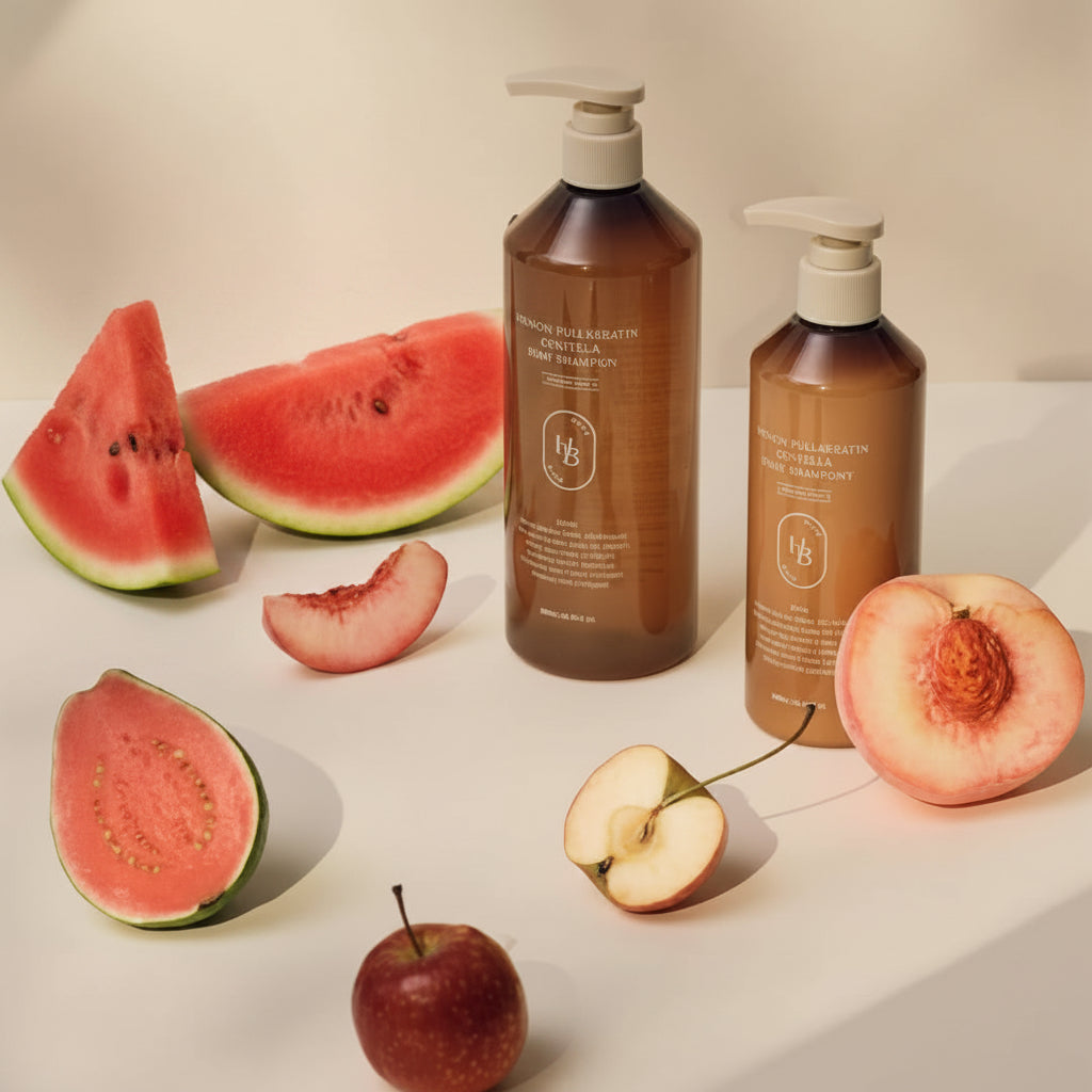 Two brown bottles with pump dispensers on a white surface with fruits around.