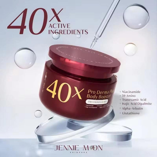 Red jar of '40x Pro Derma Plus' body booster with dropper and ingredient list on a light gray background.