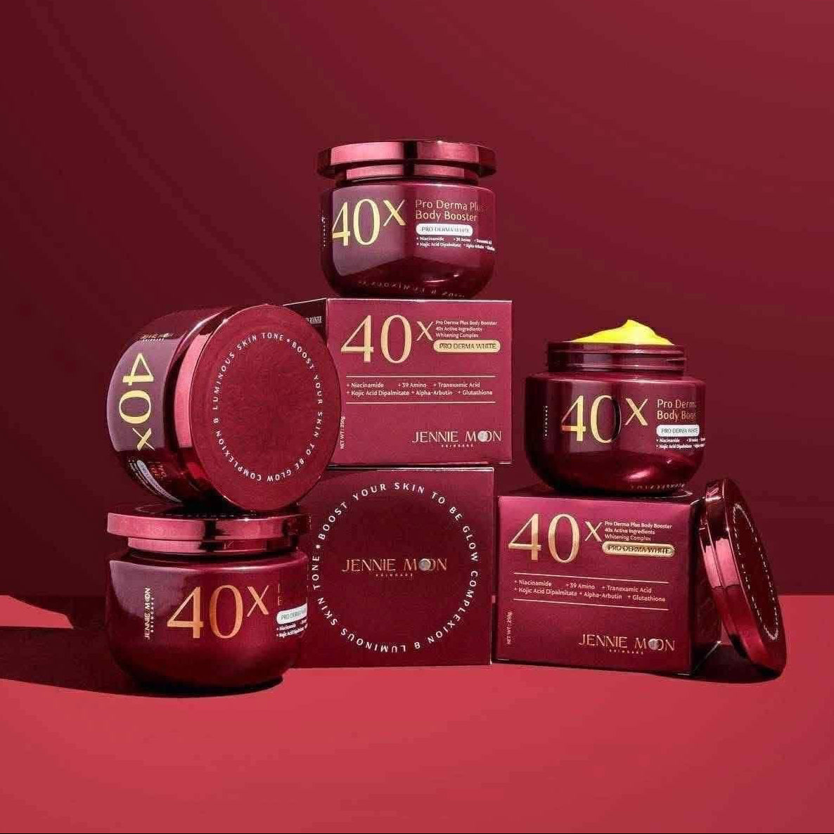 Jennie Moon skincare products with '40x' multiplier on a red background