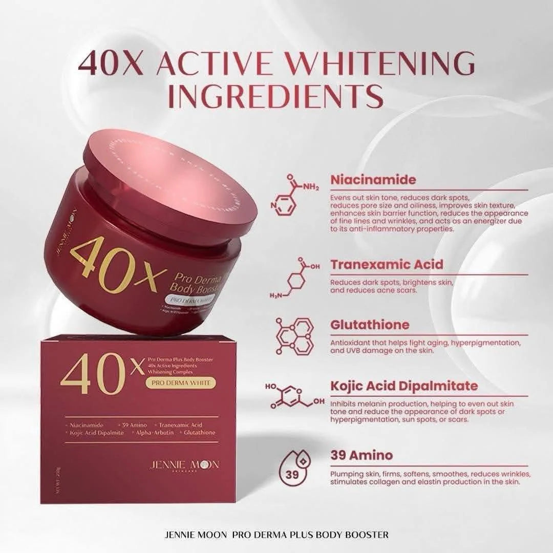 Jennie Moon Pro Derma Plus Body Booster with active whitening ingredients on a white background