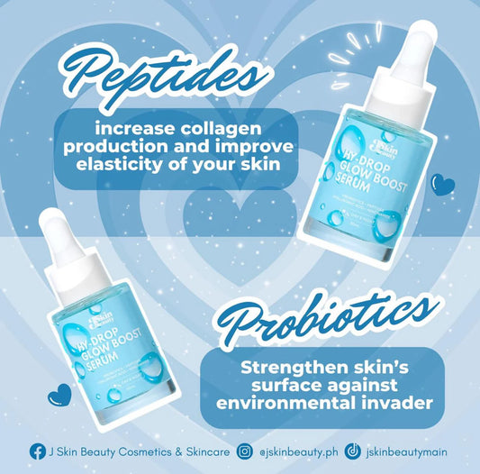 EJSkin Beauty Serum bottles with text about peptides and probiotics on a blue background
