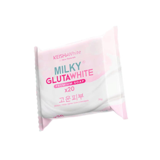 Soap package with 'Milky Glutawhite' branding on a white background