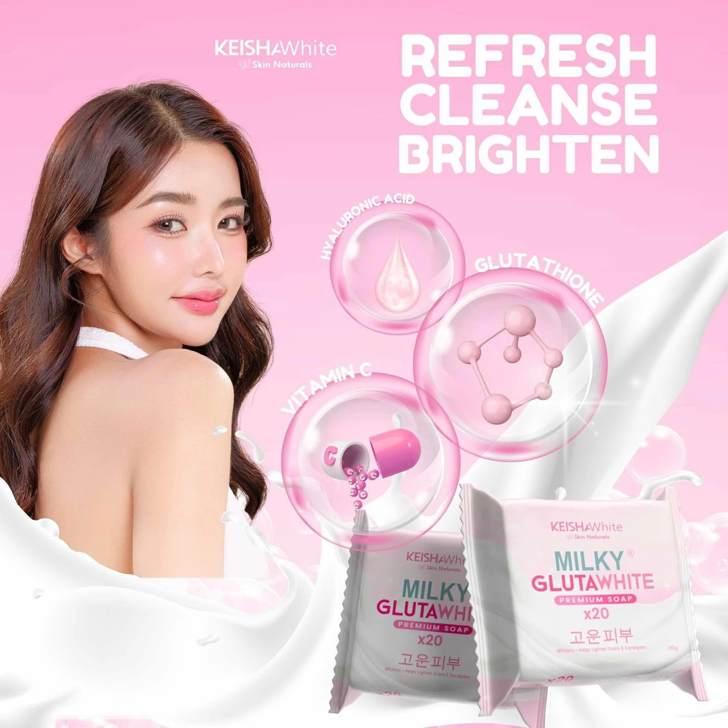 Keisha White skincare product advertisement with a woman and packaging on a pink background