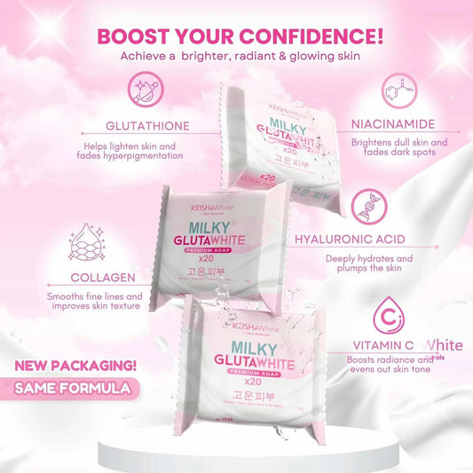 Milky Glutawhite skincare product packaging with pink background and text about skin benefits.