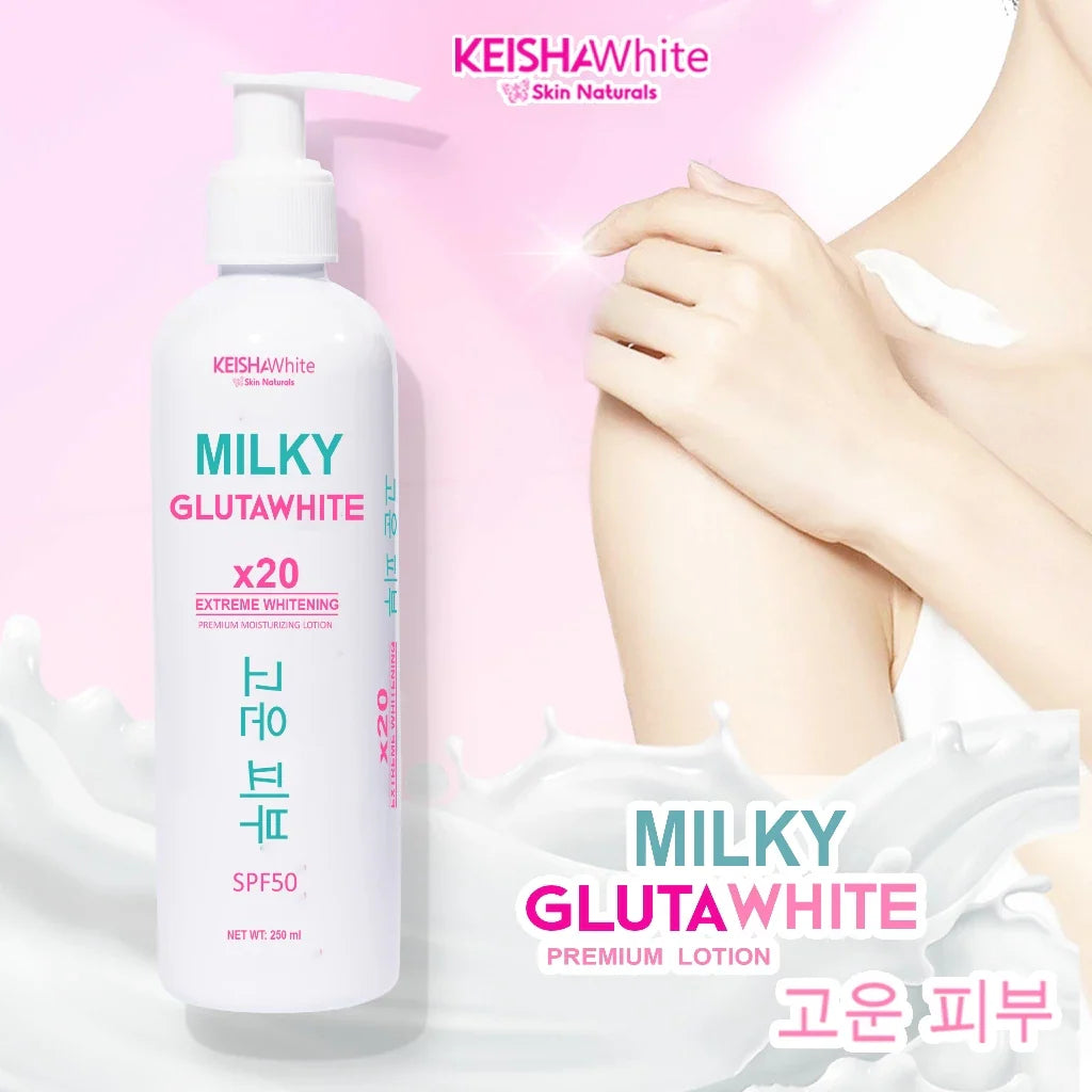 KEISHA White Milky Glutawhite premium lotion bottle with a hand holding skin on a pink background