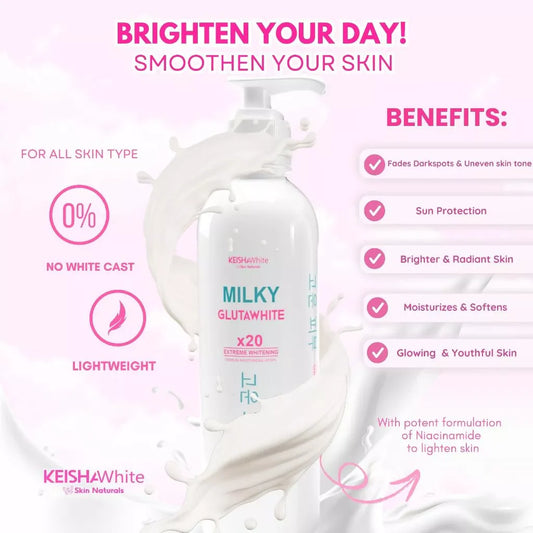 Keish White Milky Glutawhite skincare product with benefits listed on a pink background