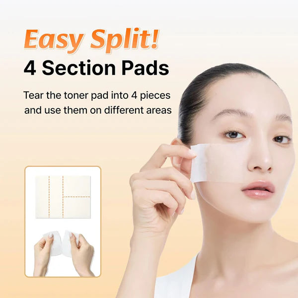 Woman applying toner pad with text on easy split 4-section pads