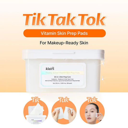 Klairs Vitamin Skin Prep Pads packaging with 'Tik Tak Tok' branding on a peach background