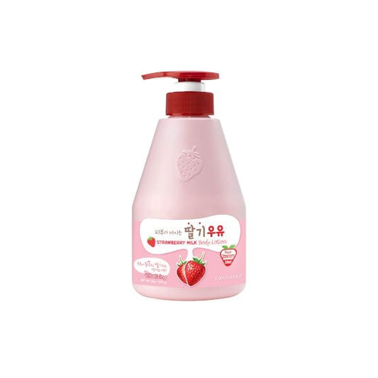 Pink bottle of strawberry milk body lotion with a red pump on a white background