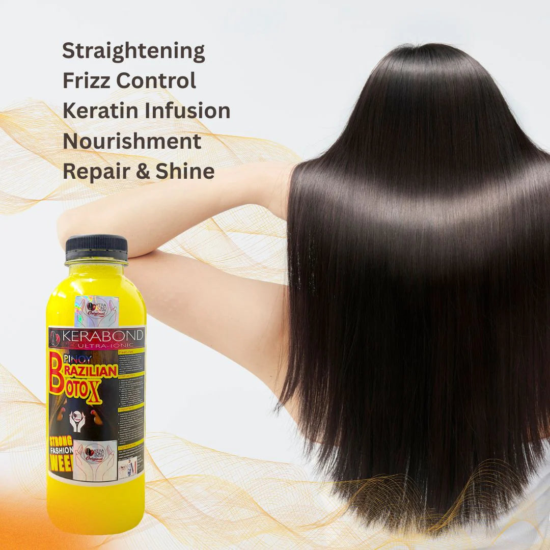 Keratin infusion bottle with a person with straight hair on a light background