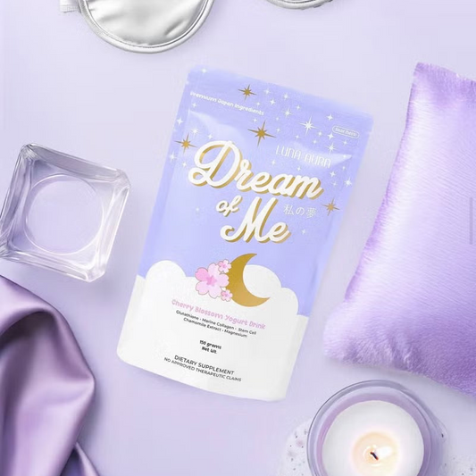 Sheet mask with 'Dream of Me' branding on a purple background with a candle and satin fabric.