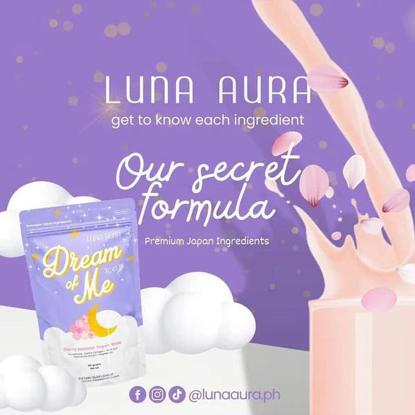 Luna Aura product packaging with a purple background and text about ingredients and formula.