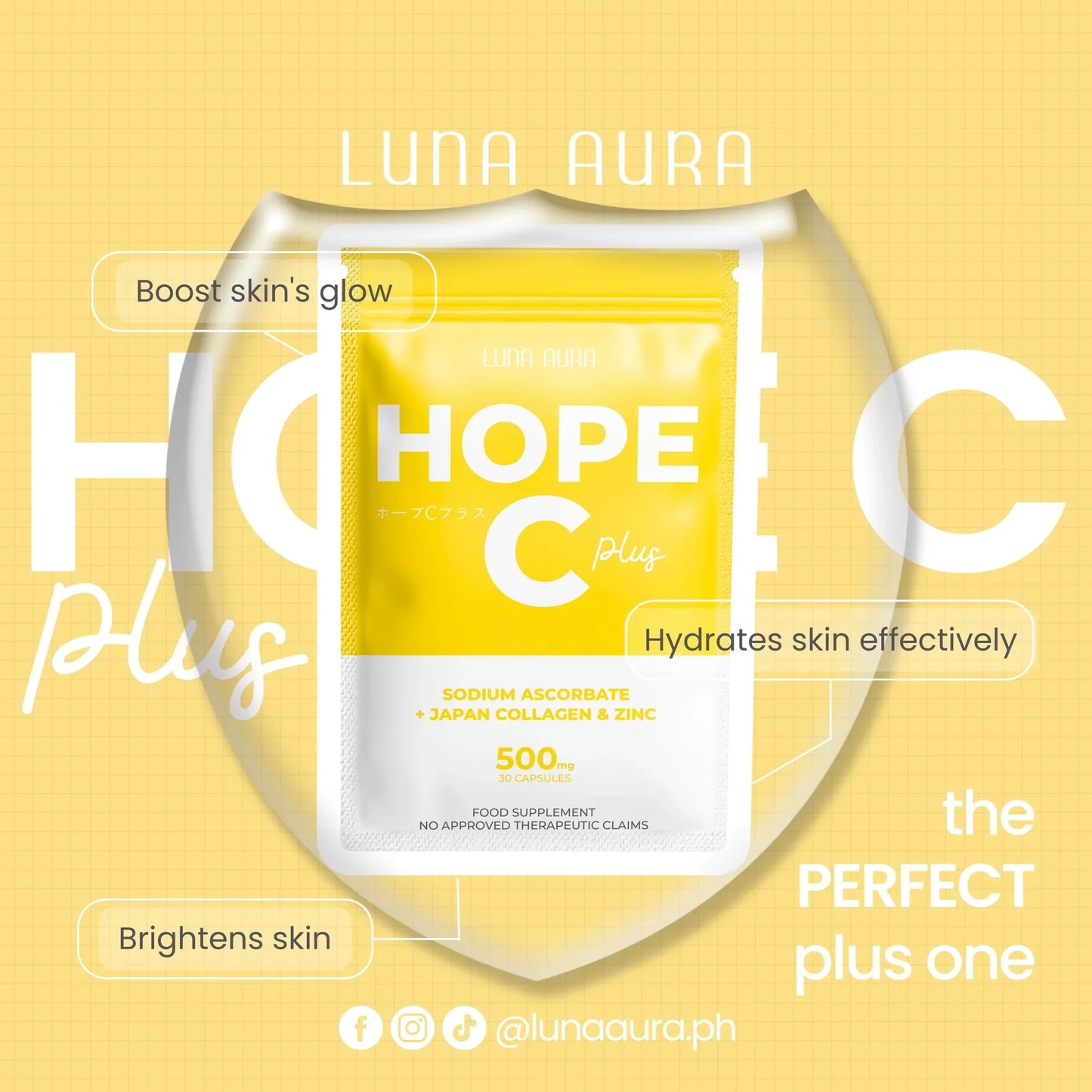 Luna Aura Hope C Plus supplement package on a yellow background with text highlighting benefits.
