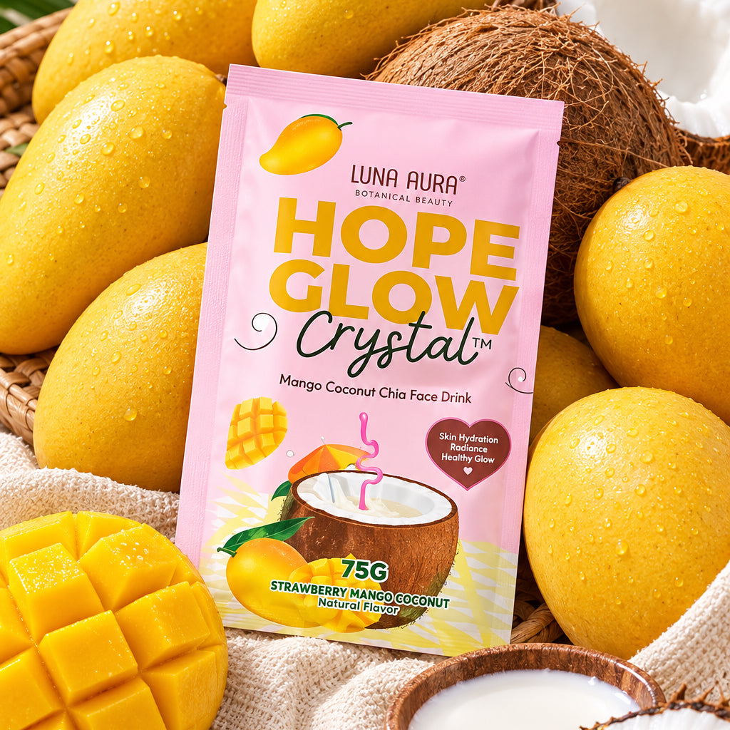A pink packet of Wena Aura Hope Glow Crystal chicha seed powder supplement, styled in a flat-lay arrangement with fresh yellow mangoes, a halved coconut, and a beige mesh bag on a textured beige fabric background.