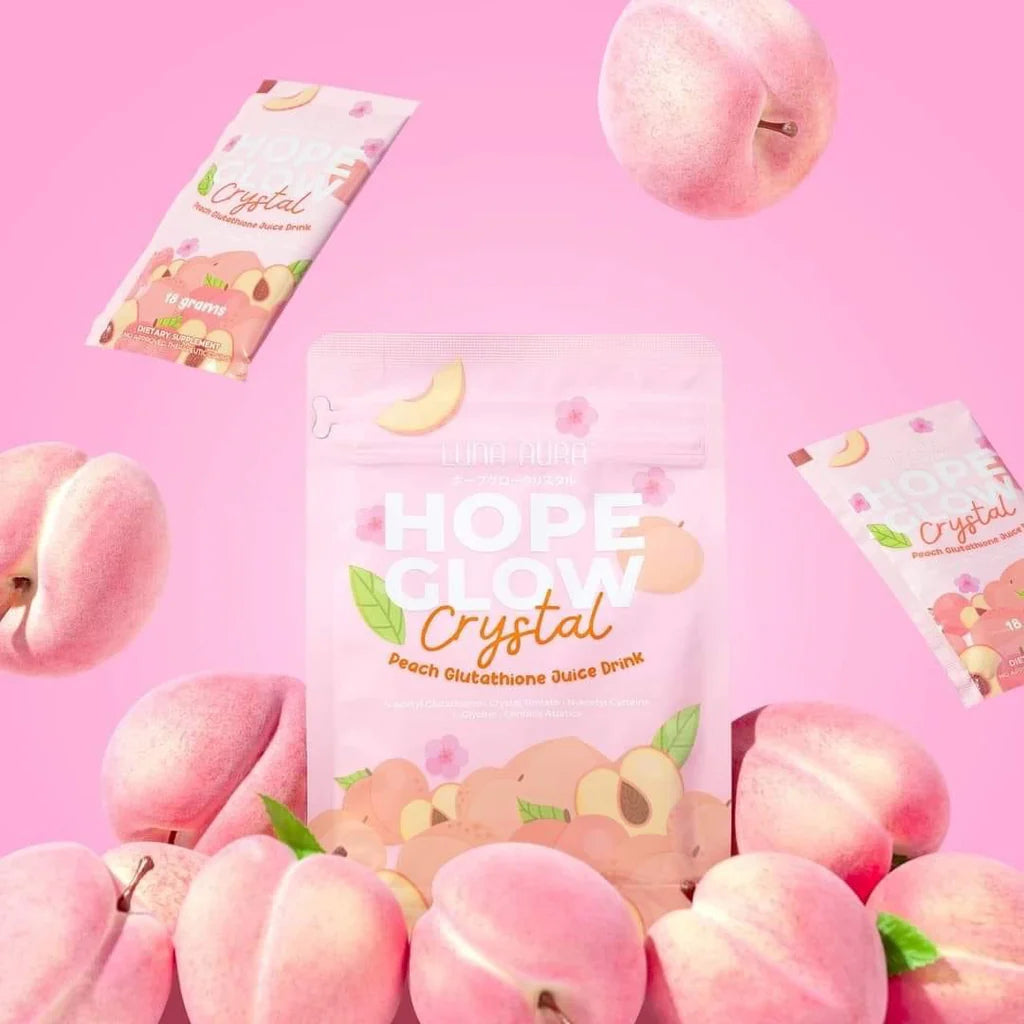 Hope Glow Crystal Peach Gummies on a pink background with peaches