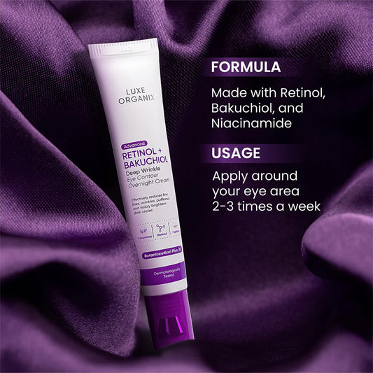 Tube of Luxe Organics eye cream on a purple fabric background with text about ingredients and usage.