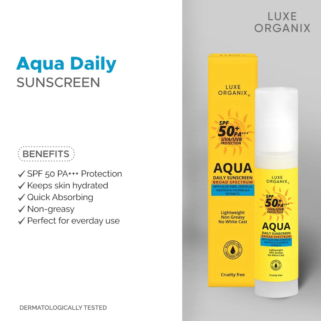 Luxe Organix Aqua Daily Sunscreen packaging with benefits listed on a white background
