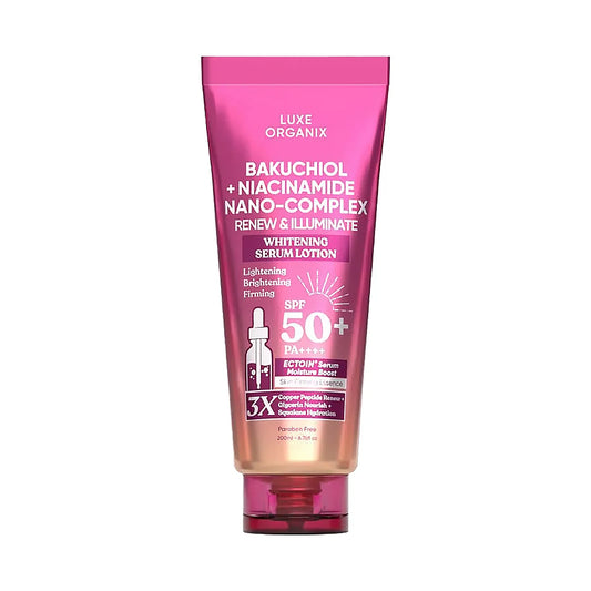 Pink skincare lotion tube with text on a white background