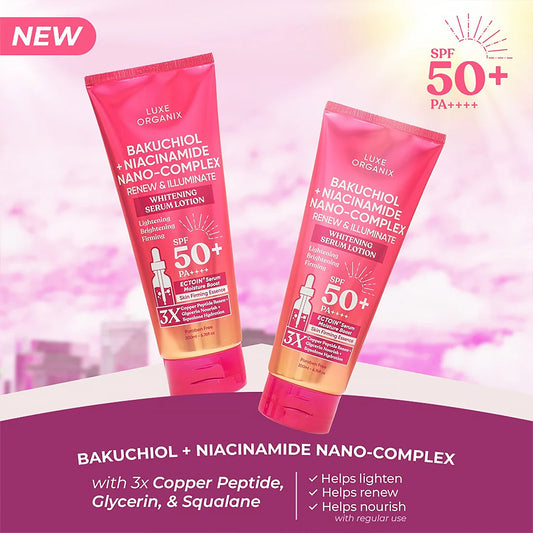 Two Luxe Organix skincare serums with SPF 50+ on a pink and purple gradient background.