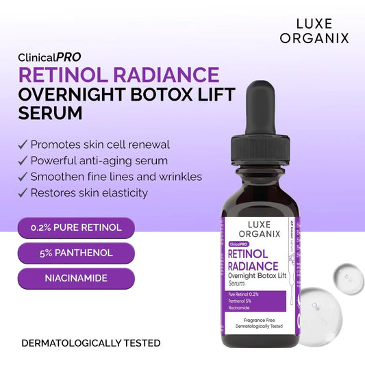 Luxe Organix Retinol Radiance Overnight Botox Lift Serum bottle with dropper on a light purple background