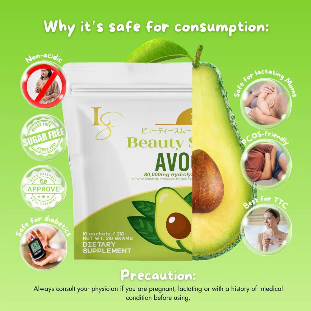 Avocado dietary supplement package with green background and safety information.