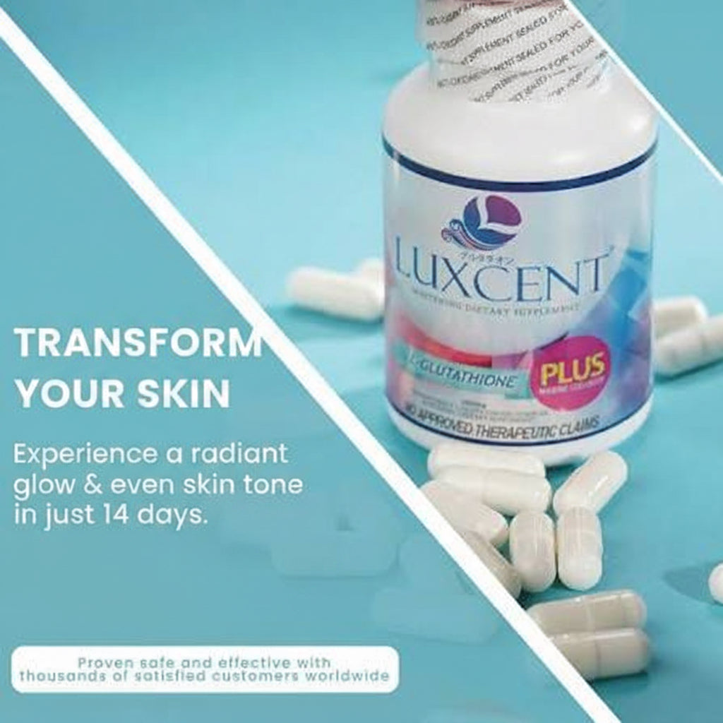 Luxcent dietary supplement bottle with white capsules on a blue background