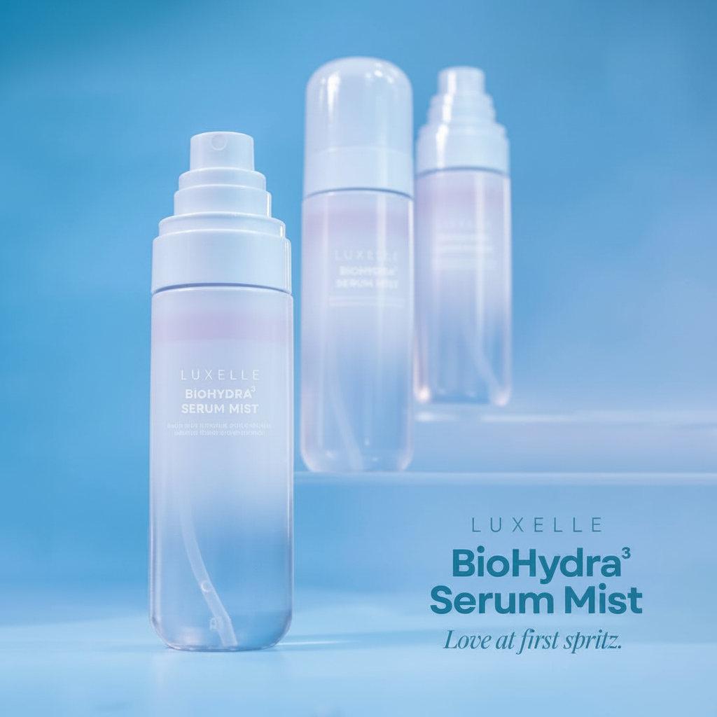 Luxelle BioHydra Serum Mist bottles on a blue background