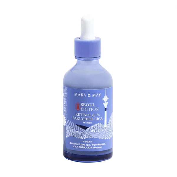 Blue bottle with dropper labeled 'Mary & May' on a white background