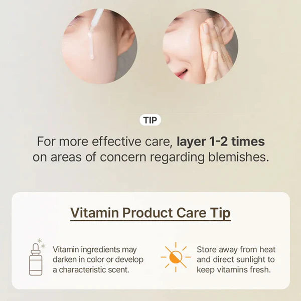 Product care tip for vitamin-based skincare with text and images of skin care application.