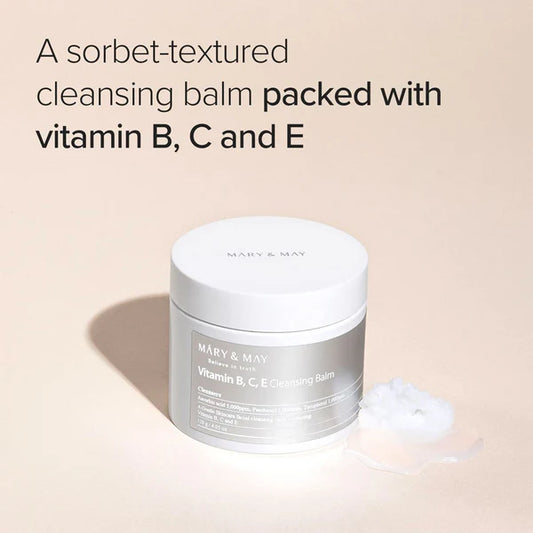 Sorbet-textured cleansing balm with vitamin B, C, and E on a beige background