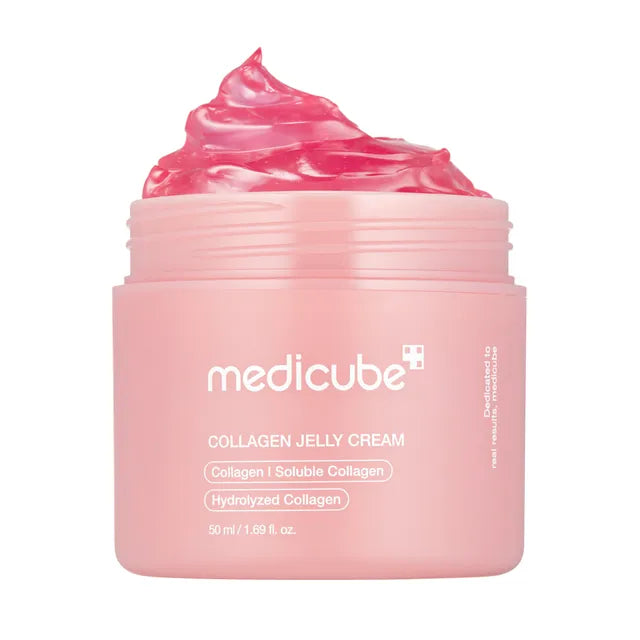 A pink jar of medicube Collagen Jelly Cream, designed for all skin types.
