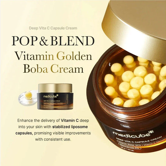 Medicube Deep Vita C Capsule Cream with vitamin capsules on a beige background