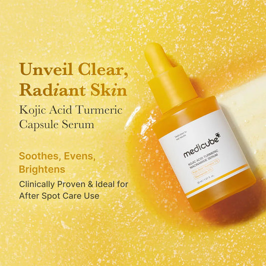 Medicube Kojic Acid Turmeric Capsule Serum bottle on a yellow background with text about skin benefits.
