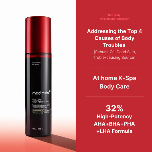 Red and black skincare product with text on a red background