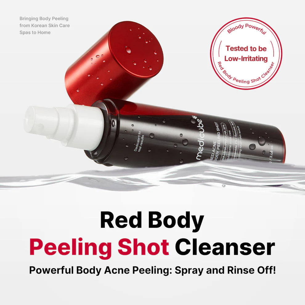 Red body peeling shot cleanser with text on a white background