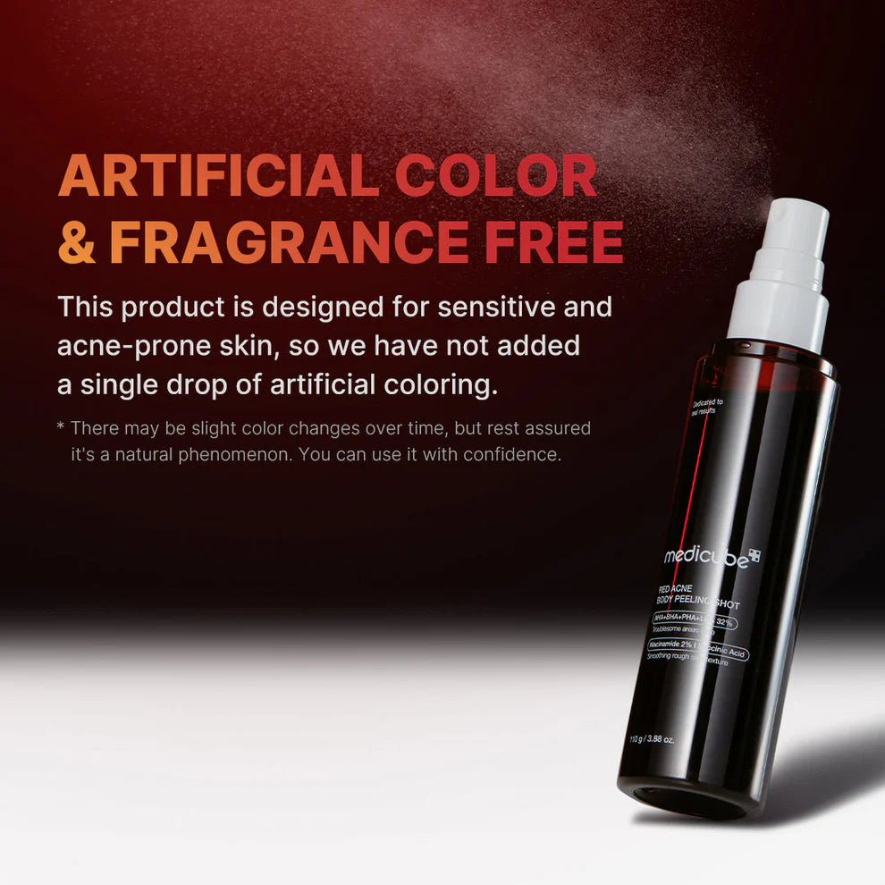 Bottle of Medicinal Skin Care product with text about artificial color and fragrance freedom on a dark background.