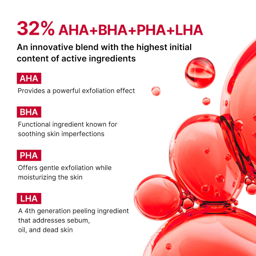 Product advertisement with red bubbles and text about AHA, BHA, PHA, and LHA ingredients.