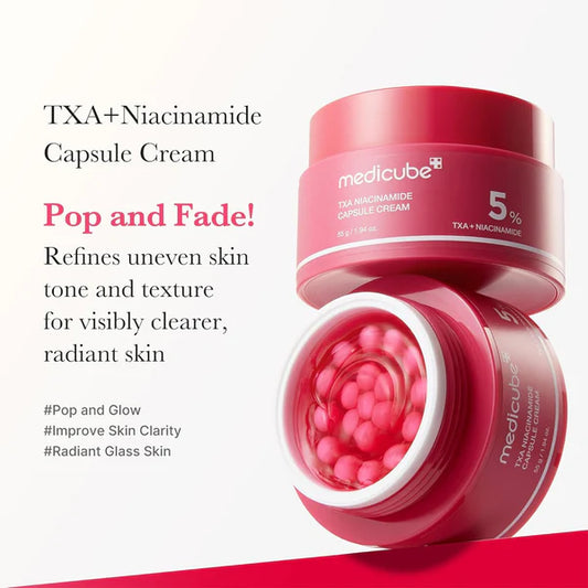 Red jar of Medicube TXA+Niacinamide Capsule Cream with text on a white background
MEDICUBE TXA Niacinamide Capsule Cream Dewy Demure Australia