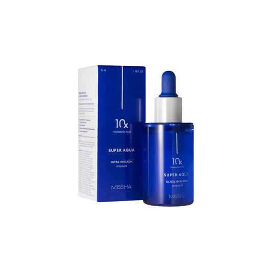 Blue skincare serum bottle and packaging with 'Missha' branding on a white background