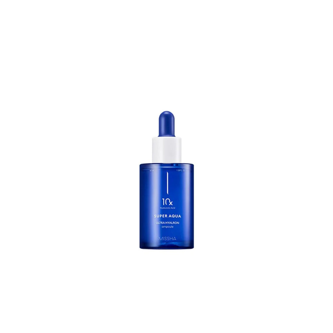 Blue skincare serum bottle with dropper on a white background
