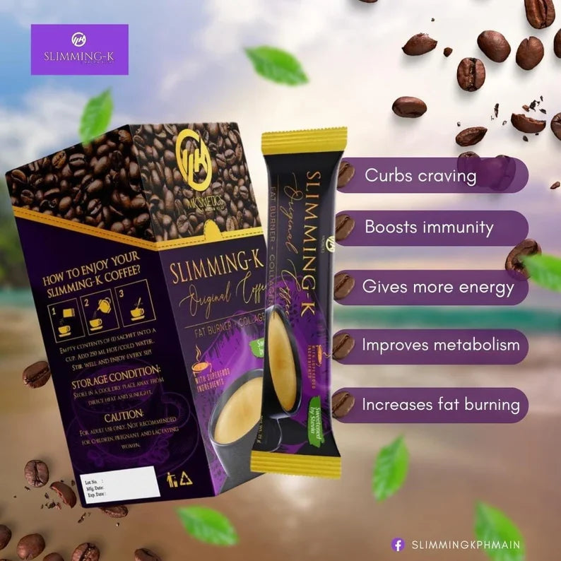 Slimming-K coffee packaging with coffee beans and product benefits on a colorful background