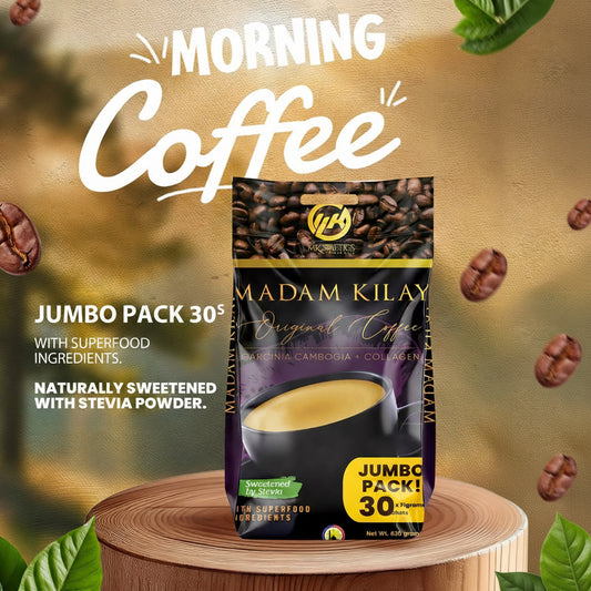 Madam Kilay coffee package with text 'Morning Coffee' on a wooden surface with coffee beans and leaves.