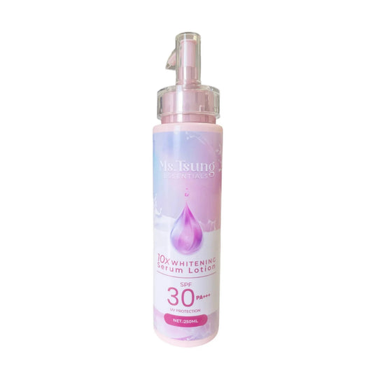 Skincare serum bottle with a pink droplet design on a white background