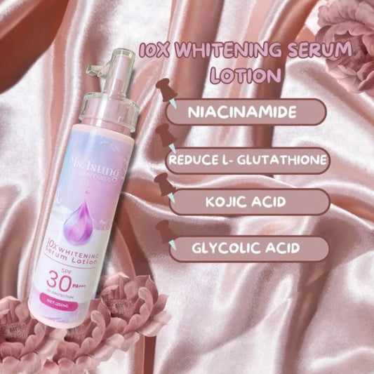 10X Whitening Serum Lotion bottle with ingredients listed on a pink floral background