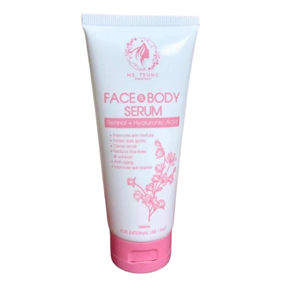 Face and body serum with a model on a pink background