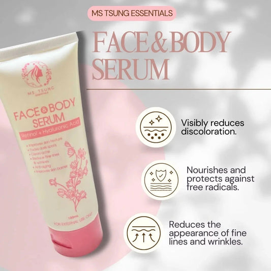 MS Tsung Essentials Face & Body Serum tube with product benefits on a light pink background