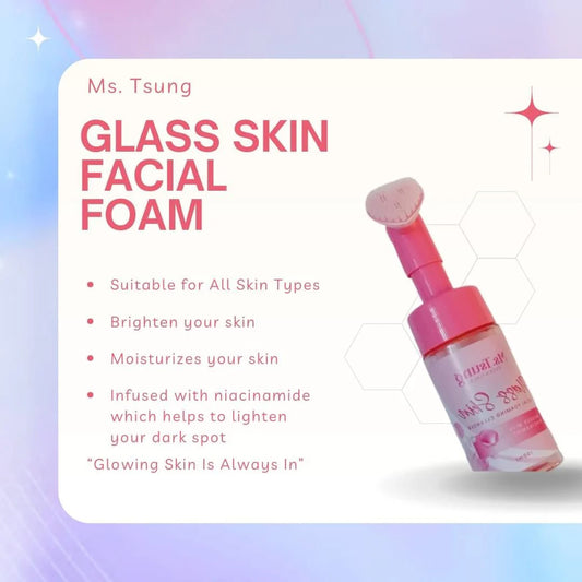 Glass Skin Facial Foam packaging with product details on a gradient background