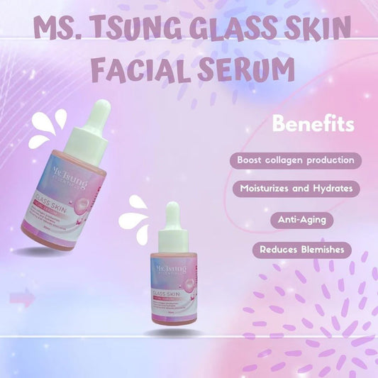 Facial serum bottle with benefits listed on a pink and purple gradient background