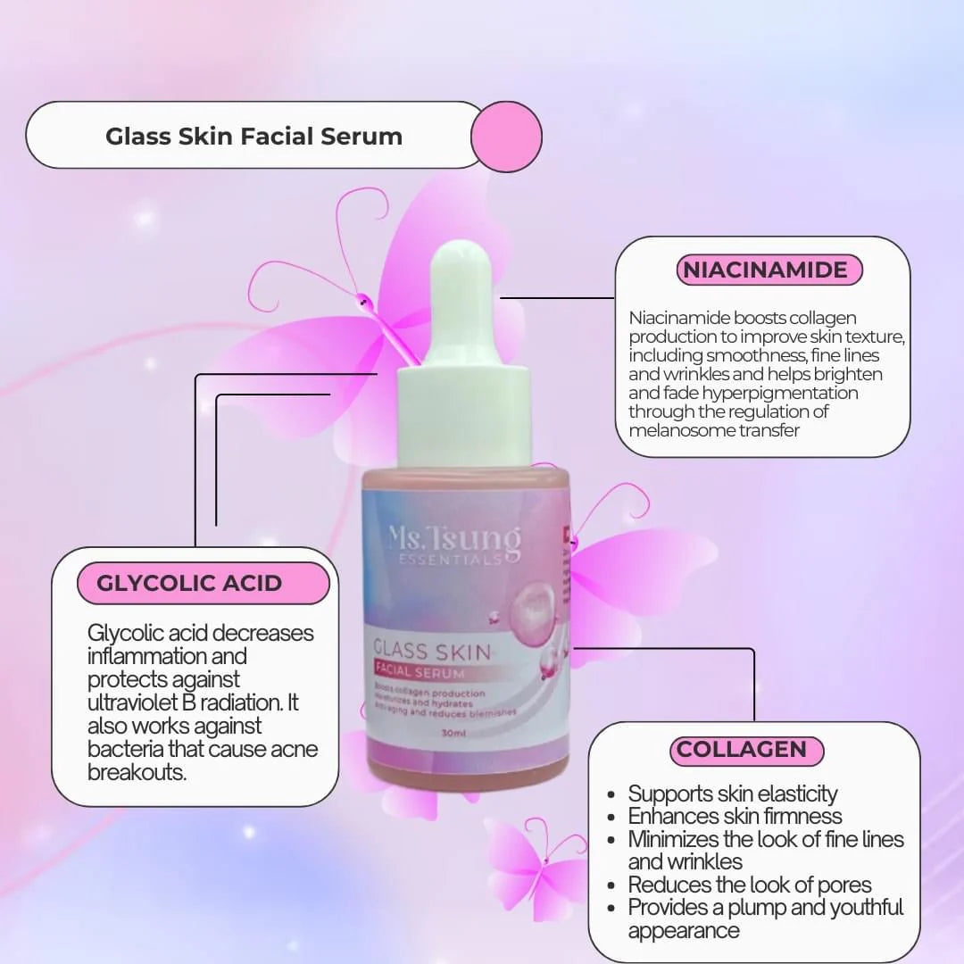 Glass Skin Facial Serum bottle with text on a pink and purple gradient background